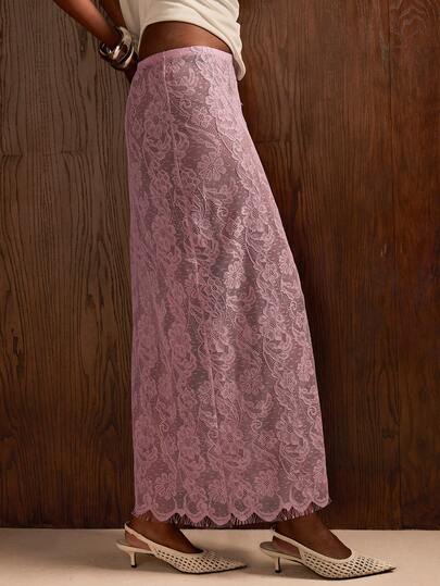 COSMINA Women's Elegant Straight Cut Low Waist Long Lace Skirt, Versatile For Commuting, Office, Vacation, Date, Wedding, Evening Party, Suitable For Spring & Summer