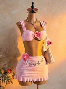 Bellisia 26SS Pink Summer Sexy Cute Girl Beach Bikini 3 Pieces Set - Baby Pink - View 5