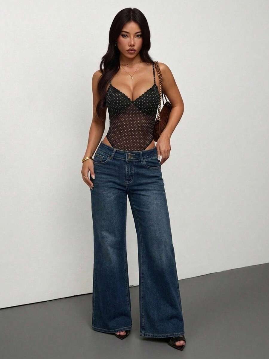 SHEIN PETITE Nuevo top de tirantes de malla con lunares negros y traje de baño a lunares - Negro - Ver 1