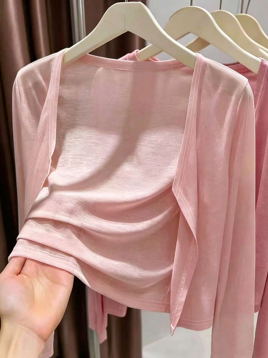 INAWLY 女式纯色轻便春夏季休闲开衫 - 粉色 - 查看 1