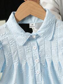 SHEIN Elladie kids 一件女童蓝色夏季连衣裙，饰有白色蝴蝶结，短泡泡袖，可爱的彼得潘领，休闲度假连衣裙，适合日常休闲穿着。 - 藍色 - 查看 10