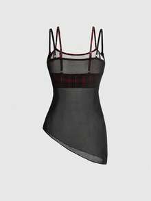 ROMWE Grunge Punk Áo croptop không tay kẻ caro gợi cảm dành cho nữ, kiểu dáng hai mảnh với vạt áo bất đối xứng, thích hợp cho mùa hè. - màu đen - Xem 2