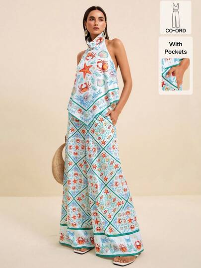 LOTSLUV Conjunto de 2 piezas de mujer para primavera/verano y vacaciones, top halter sin espalda con estampado de cangrejo y estrella de mar y pantalones largos