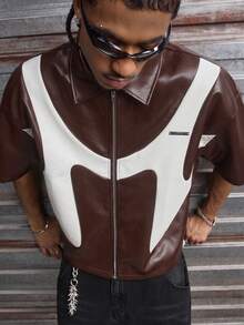 AXEPEAK Men's Fashionable Contrast Color Zip-Up Short Sleeve Shirt, Summer - Coffee Brown - View 7