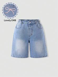 SHEIN Young Girls' Summer Blue Back-To-School Washed Denim Shorts, Pink Bow Embroidery, Elastic Waist, Straight Loose Fit, Soft Fabric, Vintage Style - Light Wash - View 6