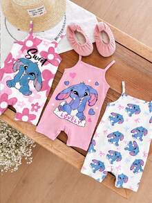 女嬰可愛粉色夏季休閒肩帶連身褲，Kawaii 藍色兔子 Lulu & Stitch 圖案，漸層花卉圖案，韓系舒適女嬰日常穿搭 - 彩色 - 查看 5
