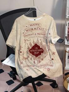 HARRY POTTER X SHEIN Plus Size Women Round Neck Letter Print Casual Versatile Daily Wear T-Shirt,The Marauder's Map - White - View 3