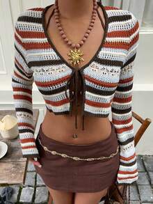 Sweetra Áo khoác cardigan dệt kim ngắn tay xòe cổ chữ V thắt nơ phong cách retro lãng mạn mùa hè dành cho nữ - Nhiều màu - Xem 7