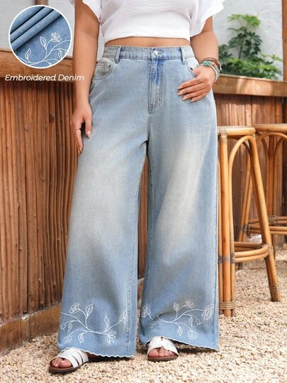 EMERY ROSE Denim retos não elásticos, de cor azul claro, bordados, confortáveis e casuais, para mulheres plus size
