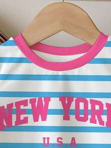 SHEIN 年轻女孩休闲简约蓝条纹“NEW YORK”英文文字撞色粉色返校学院风圆领短袖T恤适合女孩夏季校服返校服 - 彩色 - 查看 5