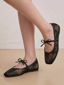 Eladyva Ballerines plates noires pour femmes, avec nœud, décor de fleurs brodées, maille respirante, bout carré, paillettes, convient aux pieds larges/grande taille, été - Noir - Voir 12
