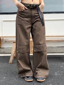 DAZY Quần jeans nữ dáng rộng, có túi tiện dụng, kiểu Hàn Quốc, đã qua xử lý giặt. - Cà phê nâu - Xem 4