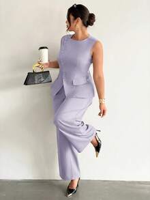 Firerie Bộ đồ nữ thanh lịch, đa năng, phù hợp đi làm hàng ngày, thời trang đường phố mới, gồm áo blazer không tay cổ bẻ bất đối xứng và quần cạp cao màu xám kaki, thích hợp mùa thu/đông. - Màu tím - Xem 6