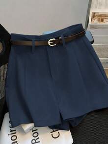 Franclia Casual & Commuting Fashion Versatile Mid-High Waist Belted Summer New Solid Color Khaki Shorts For Women - Navy Blue - View 4