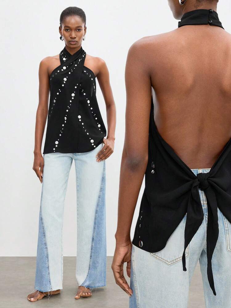 SHEIN Maija Women's Black And White Polka Dot Sequin Halter Top,Elegant Sleeveless Criss-Cross Backless Tie-Waist Metallic Decor Party Night Y2k Summmer Festival
