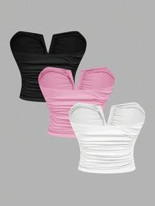 SHEIN MOD Plus Size 3pcs/Set Women's Black Pink All White Deep V Neck Ruched Camisole Top Gym Party Tea Party Going Out Date Night Concert Summer Sexy - Multicolor - View 2