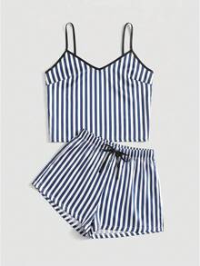 SilkySpell Women's Striped Contrast Color Camisole And Tie Waist Shorts Pajama Set - Multicolor - View 4