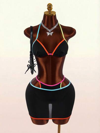 Amplova Contrast Color Triangle Cup Design Sexy Two Pieces Skirt Set For Women