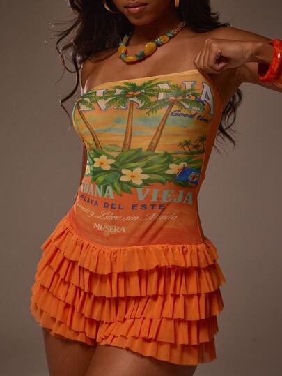 MUSERA Tropical Palm Graphic Printed Bandeau Tiered Frilled Low Waist Micro Mini Short Unitard Playsuit Summer Spring Sexy Cute Beach Holiday Vacation Ibiza Party Going Out Tropic Heat