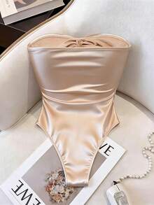 SHEIN Franclia Bộ đồ liền thân nữ gợi cảm, co giãn, chất liệu satin, kiểu quây ngực và xoắn phía trước, thích hợp cho mùa hè, mùa xuân, đi nghỉ mát, dự tiệc, đi biển, thanh lịch, thường ngày, đi nghỉ dưỡng, mùa hè, phong cách Y2K, dự tiệc, công sở, bộ đồ liền thân bóng bẩy, màu sâm panh, chất liệu satin, gợi cảm, quây ngực, kiểu xoắn phía trước. - Rượu sâm banh - Xem 2