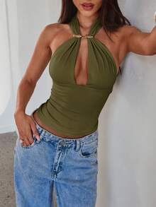 Top Sexy de Mujer  con Aberturas, Decoración de Hebilla Metálica, Cuello Halter con Cordones, Amarillo Claro, Primavera, Top para Salir, Top Sexy para Mujer - Verde militar - Ver 6