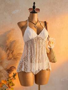 Bellisia Vestido de playa con parte superior de encaje floral y atar al cuello, con Bottom de bikini para mujer - Beis - Ver 3