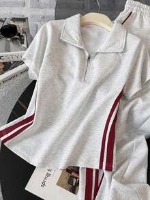 Resyla Fitted Stand Collar Raglan Short Sleeve Top + Casual Long Pants - Light Grey - View 3
