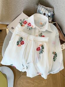 Resyla Conjunto de camisa de manga larga de hombros caídos y pantalones cortos de gasa holgada y regular - Blanco - Ver 3