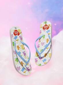 SHEIN X Care Bears 女款可愛卡通夾腳拖鞋，夏季穿著卡通彩虹印花防滑度假沙灘涼鞋 - 米色 - 查看 1