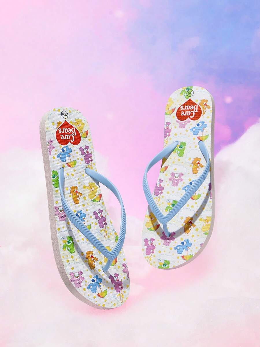 SHEIN X Care Bears 女款可愛卡通夾腳拖鞋,夏季穿著卡通彩虹印花防滑度假沙灘涼鞋 - 米色 - 查看 1