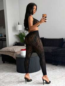 BamGleam Bộ trang phục thường ngày dành cho nữ: Áo crop top lưới và quần cạp cao. - màu đen - Xem 4