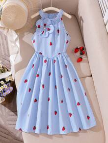 Elladie kids Đầm bé gái in hình dâu tây ngọt ngào, màu xanh nhạt kẻ sọc, cổ yếm, dáng chữ A xòe dài đến đầu gối, chất liệu cotton lanh mềm mại, thích hợp cho kỳ nghỉ, phong cách ngọt ngào. - Màu xanh lam - Xem 3