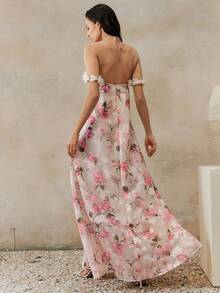 Anewsta Women's Elegant Spring/Summer Resort Dress, Flowy Off-Shoulder Lace Floral Patchwork Print Maxi Dress - Multicolor - View 6
