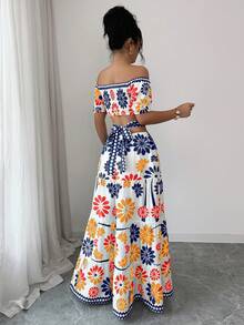 Elenzga All-Over Print Off-Shoulder Hollow Ruffle Hem Dress - Blue Power - View 2