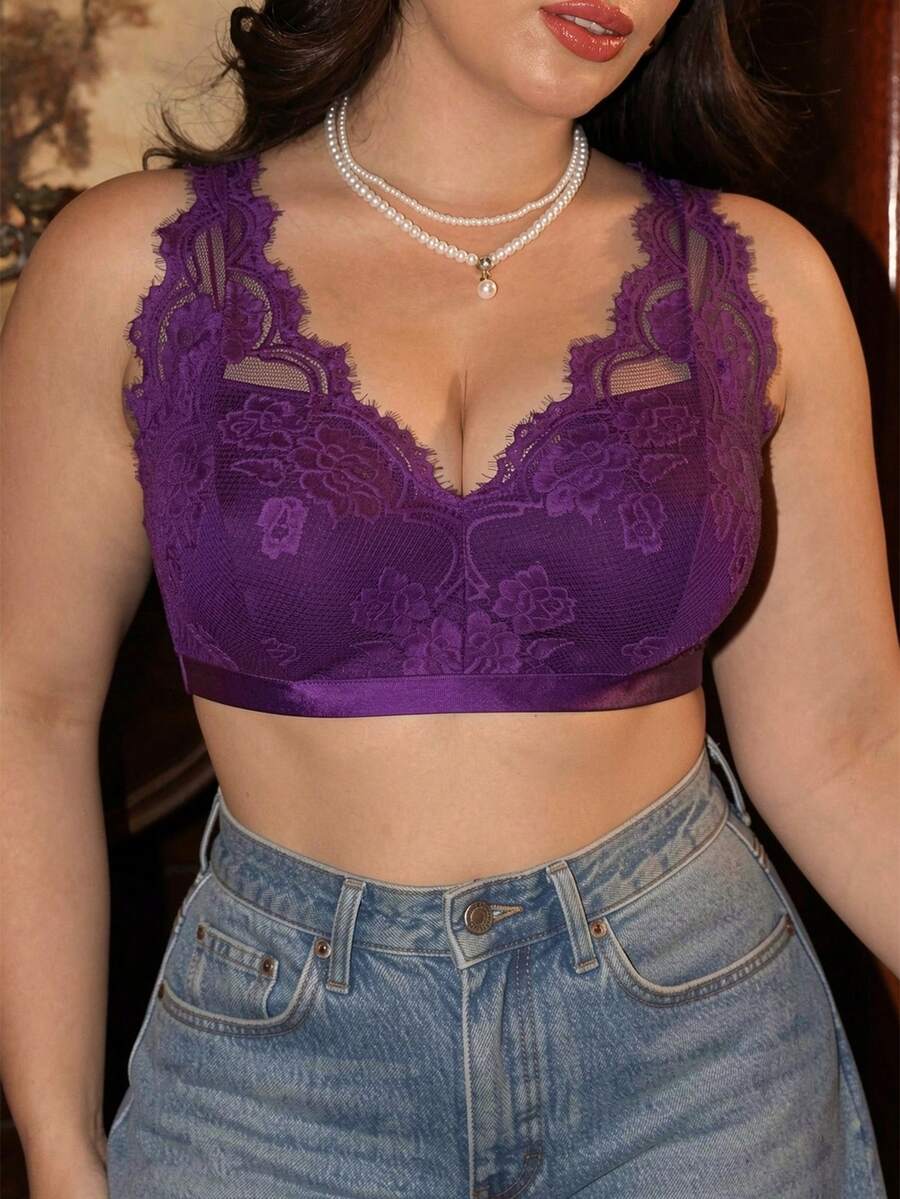 Divavoom 1pc Purple Lace Wireless Comfortable Plus Size Bra - Purple - View 1