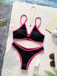Swim Basics Vacation Beach Contrast Color Trim Swimwear Set - Multicolor - View 5