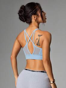 SHEIN Sports 女士无缝纯色镂空休闲运动瑜伽文胸 - 藍色 - 查看 2