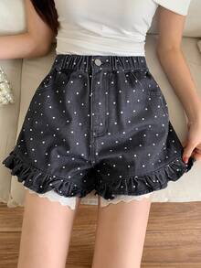 DAZY Quần short denim nữ in chấm bi, có túi, viền bèo nhún và cúc cài. - màu đen - Xem 8