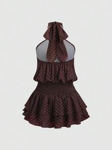 Sweetra Vestido vintage dulce y picante, sexy y pequeño, adecuado para citas, salidas, reuniones con amigos, vacaciones, fiestas ligeras. Presenta decoración del cuello con broche de metal, lazo, dobladillo abombado, falda con volantes en capas. Primavera/Verano/Otoño, base marrón con lunares blancos - Marrón - Ver 2