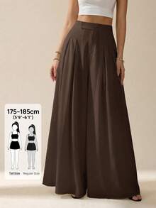SHEIN Tall 女士纯色褶裥口袋宽松阔腿裤 - 棕色 - 查看 7