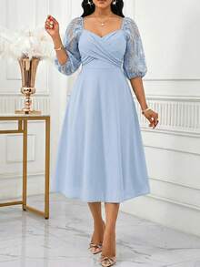 SHEIN Lady Women's Elegant Ellegant Light Blue Midi Dress With Sweetheart Neckline And Lace Balloon Sleeves Perfect For Parties Wedding,Dresses For Women Summer - Baby Blue - View 6