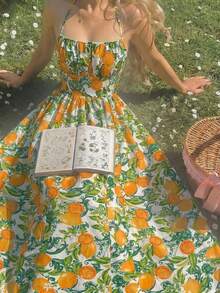 Skyraze Backless Bow-Tie Lemon Print Dress - Multicolor - View 4