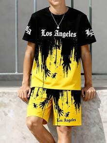青少年男童数码渐变图案字母标语短袖T恤短裤套装，休闲舒适春夏装，适合户外、运动、野餐、街头摄影、度假等场合，亦可作为礼物。 - 彩色 - 查看 5