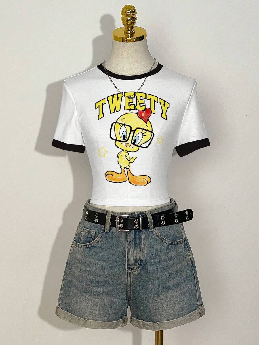 LOONEY TUNES X SHEIN 女士卡通印花短袖紧身T恤, - 白色 - 查看 1