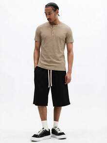 SUMWON Áo Henley tay ngắn gân sọc, thoải mái, thích hợp mặc hàng ngày, mùa xuân hè. - Màu Khaki - Xem 3