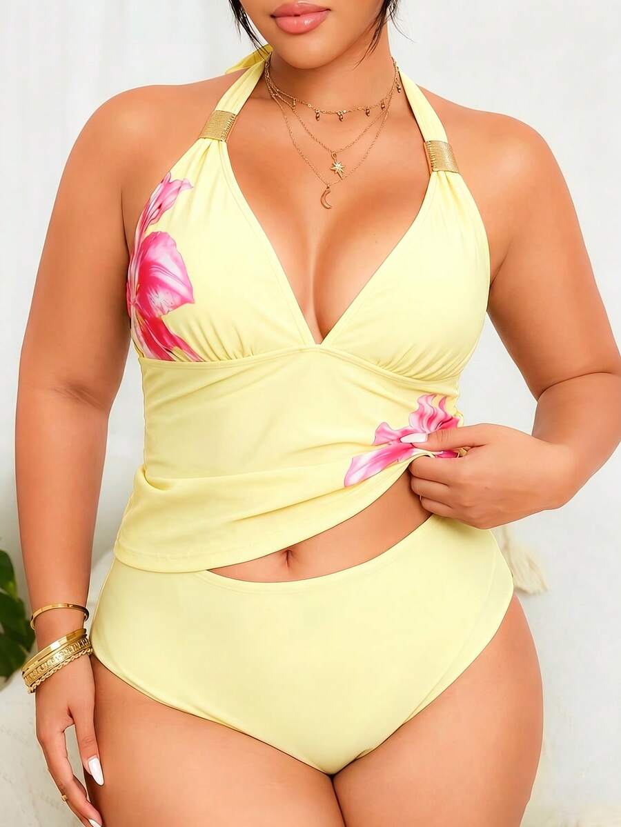 Swim Lushoire Set Bikini Seksi Tanpa Punggung Motif Leopard Leher Halter untuk Wanita Ukuran Besar, Pakaian Renang Dua Potong - Kuning muda - View 1