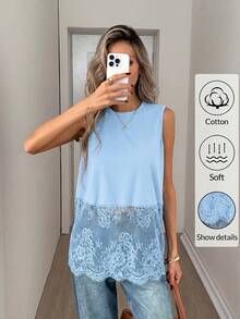 Easowa Áo tank top nữ không tay cổ tròn viền ren bằng cotton, thích hợp cho mùa xuân/hè. - Màu xanh nhạt - Xem 3