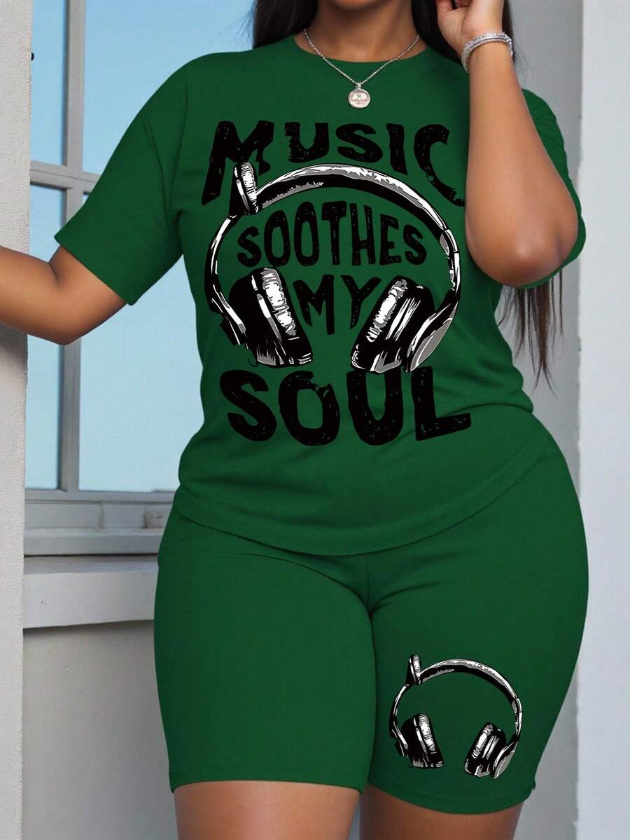 DrmWander Plus Size Women's Color Block Round Neck Short Sleeve Top And Shorts Casual 2 Pieces Set Formal Workout Dark Green Summer - Multicolor - View 1