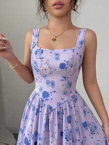 Elenzga Đầm hoa thanh lịch, lãng mạn, không tay, cổ vuông, eo xếp ly, in họa tiết hoa dành cho nữ. - Nhiều màu - Xem 4