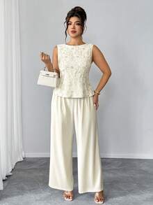 Elenzga Pailletten-Mesh-Patchwork-Ärmelloses figurbetontes Hemd + passende gerade Hose 2 Stücke Set, elegant für Ausgehen, Dates, Partys, Nachmittagstee in Große Größen - Aprikosenfarben - Übersicht 3
